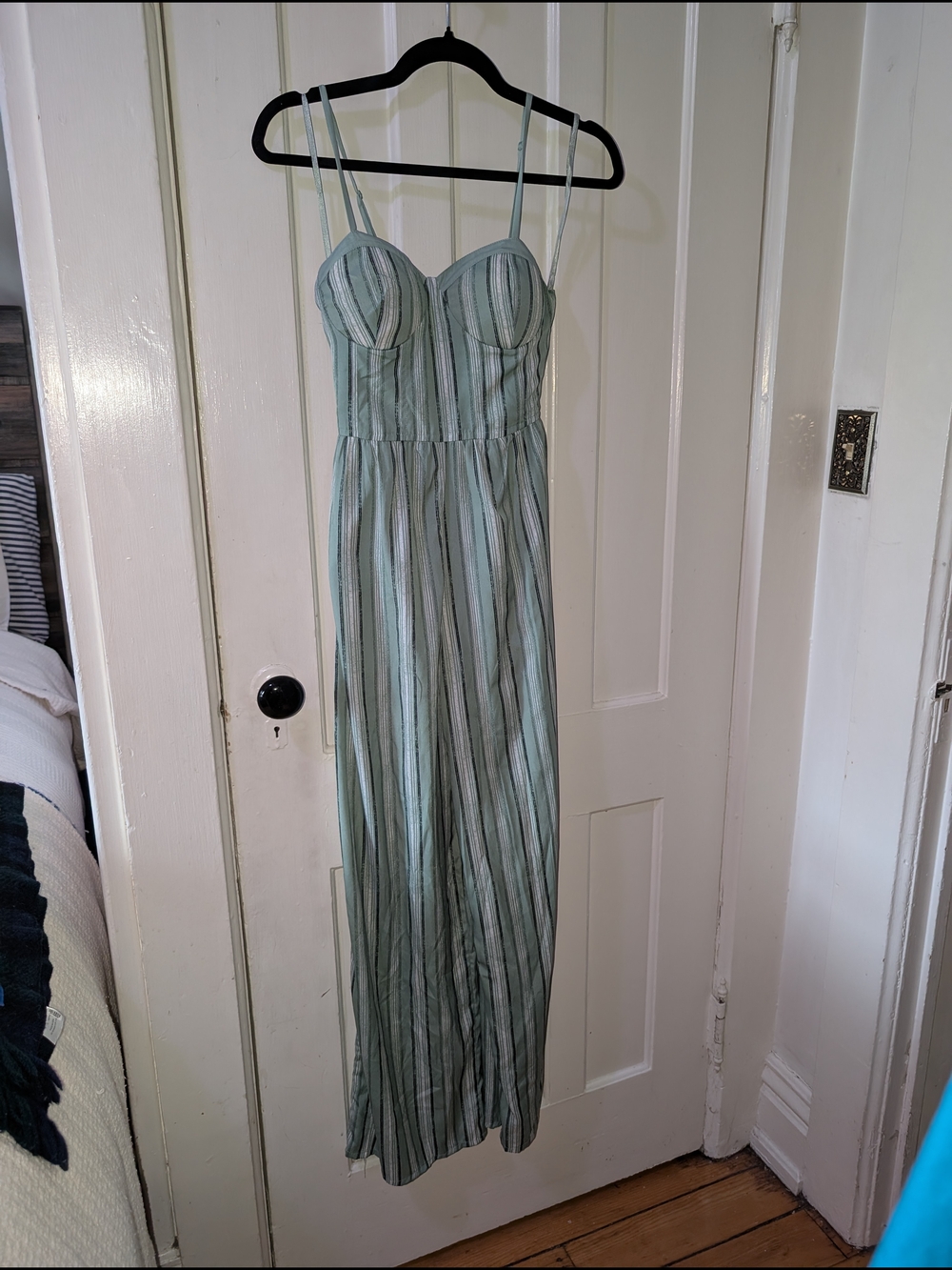 Striped Mint Green Spaghetti Strap Jumpsuit W Pockets Xs